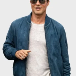 Brad Pitt F1 Movie Blue Leather Bomber Jacket