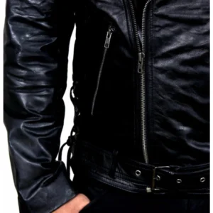 Brandon Mens Ghost Rider Black Cow Leather Double Rider Motorcycle Jacket Closeup