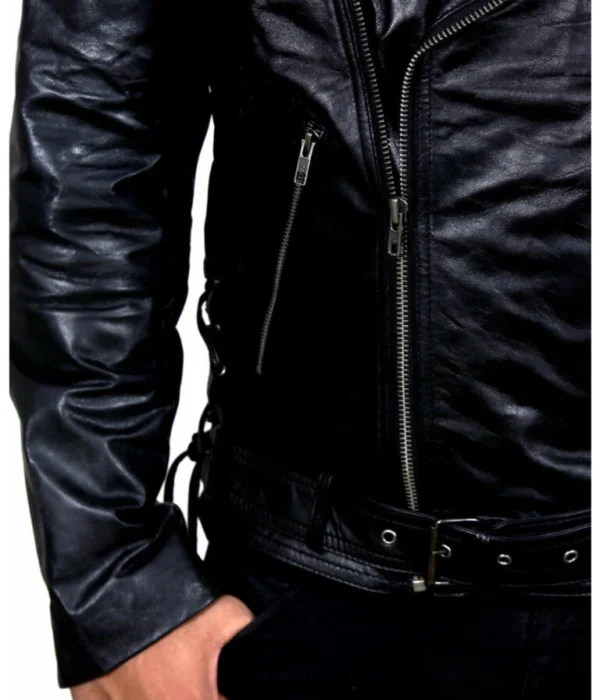 Brandon Mens Ghost Rider Black Cow Leather Double Rider Motorcycle Jacket Closeup