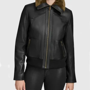 Bree Black Aviator Fur Collar Leather Bomber Jacket