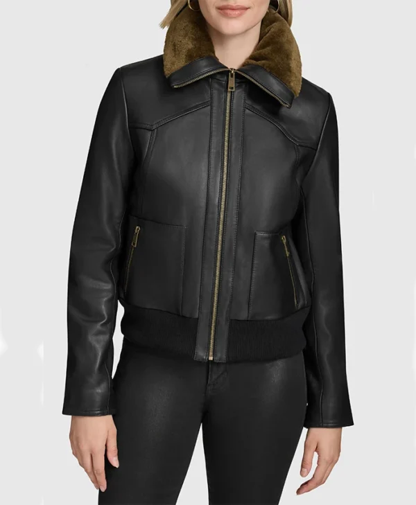 Bree Black Aviator Fur Collar Leather Bomber Jacket