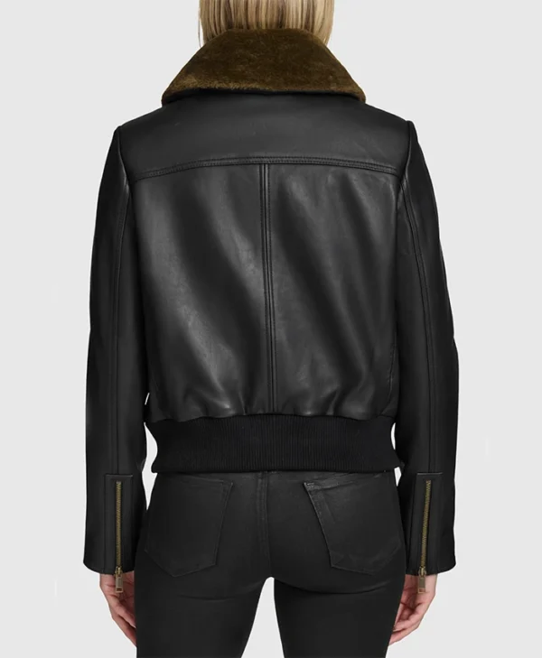 Bree Black Aviator Fur Collar Leather Bomber Jacket Back
