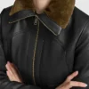 Bree Black Aviator Fur Collar Leather Bomber Jacket Closeup