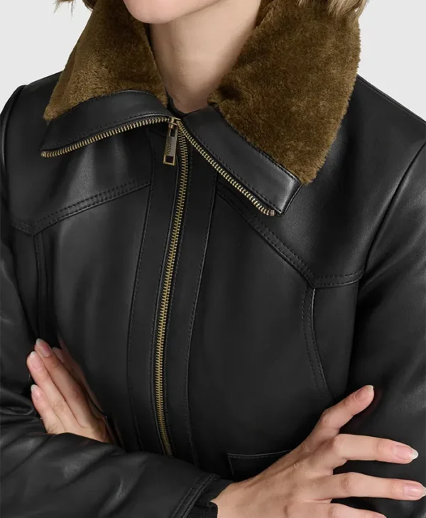 Bree Black Aviator Fur Collar Leather Bomber Jacket Closeup