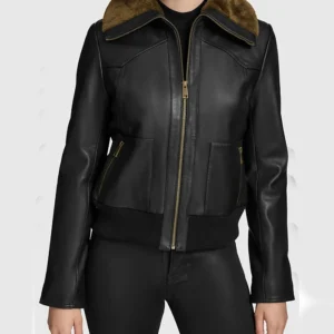 Bree Black Aviator Fur Collar Leather Bomber Jacket Open Front