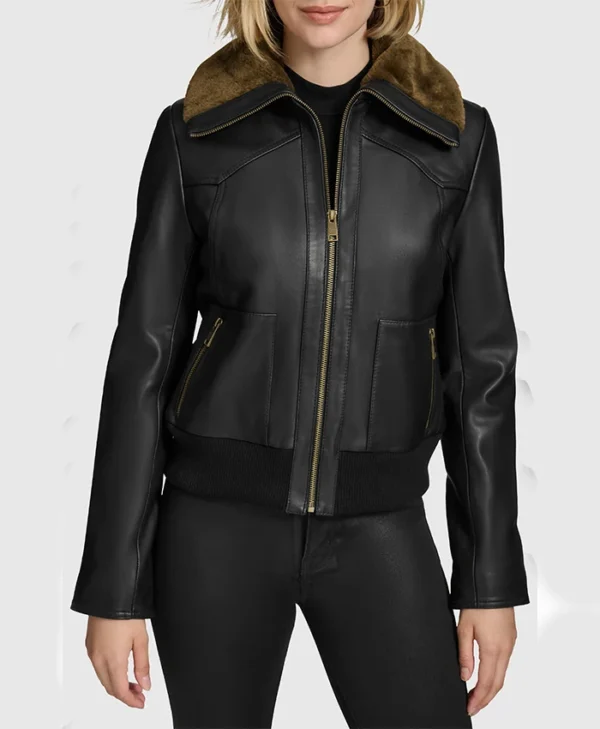 Bree Black Aviator Fur Collar Leather Bomber Jacket Open Front