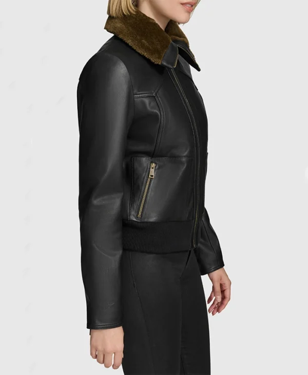 Bree Black Aviator Fur Collar Leather Bomber Jacket Side View