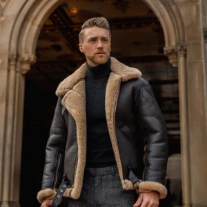 Brian Black Distressed Shearling Lined Jacket