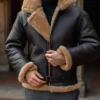 Brian Black Distressed Shearling Lined Jacket Front