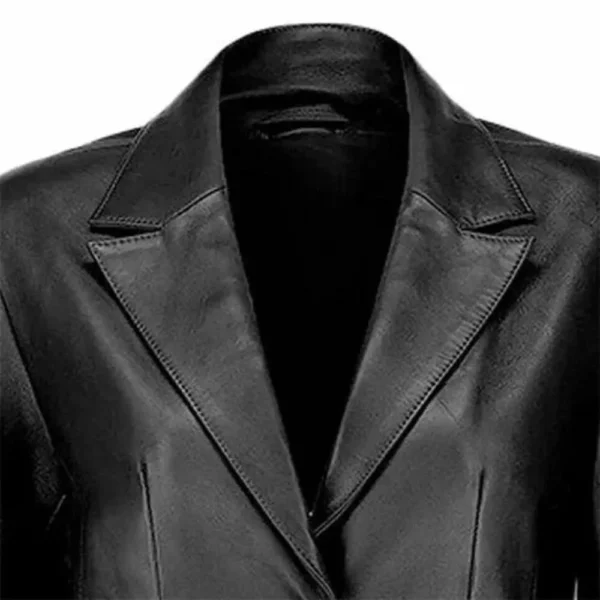 Brisa Two Button Sharp Black Leather Blazer Closeup
