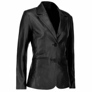Brisa Two Button Sharp Black Leather Blazer Side View