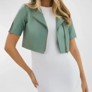 Bryleigh Mint Green Leather Biker Cropped Jacket