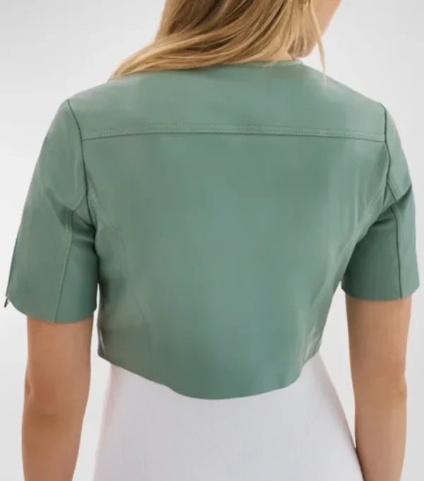 Bryleigh Mint Green Leather Biker Cropped Jacket Back