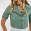 Bryleigh Mint Green Leather Biker Cropped Jacket Front