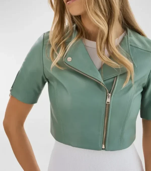 Bryleigh Mint Green Leather Biker Cropped Jacket Front