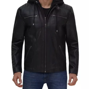 Bryson Hooded Black Cafe Racer Leather Jacket