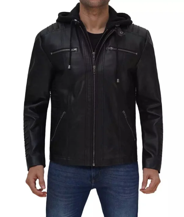 Bryson Hooded Black Cafe Racer Leather Jacket