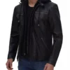 Bryson Hooded Black Cafe Racer Leather Jacket Side View