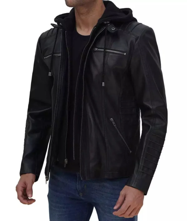 Bryson Hooded Black Cafe Racer Leather Jacket Side View