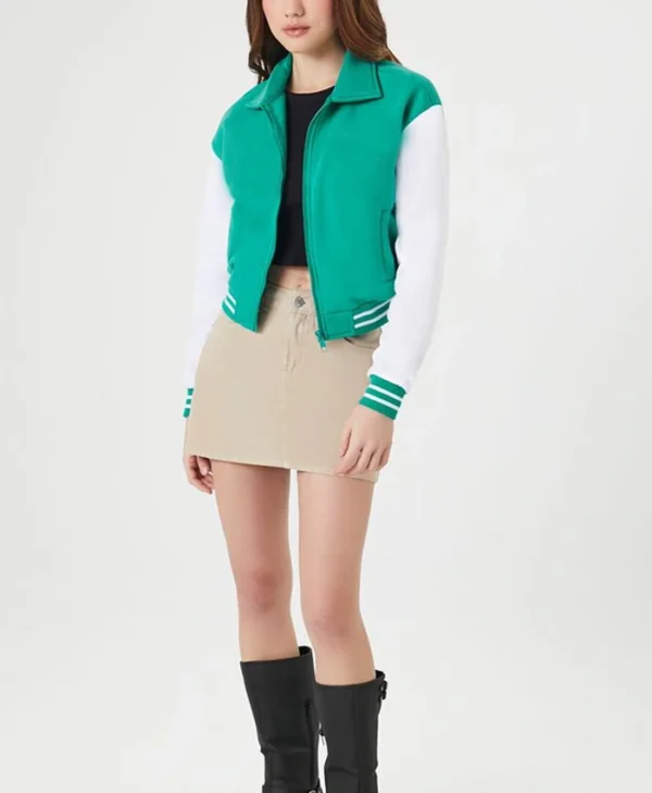 Buy Carmine Elegant Cropped Sea Green Varsity Jacket