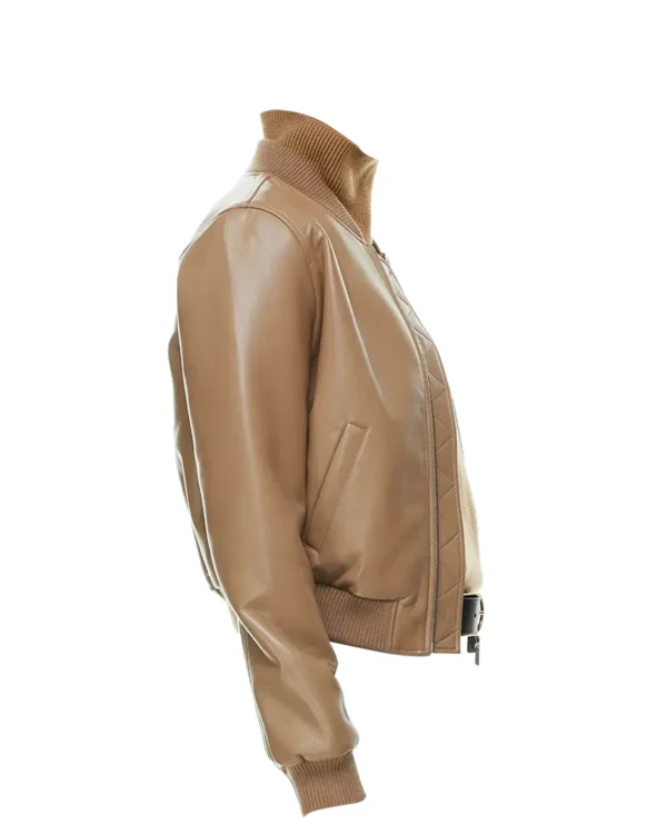 Cadyn Camel Faux Leather Bomber Jacket Side View