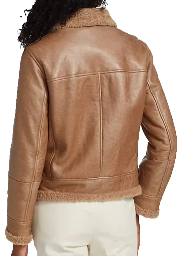 Caitlyn Shearling Fur Lined Aviator Brown Leather Jacket Back