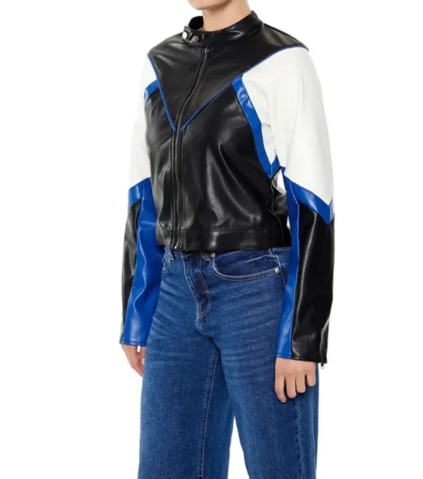 Cambri Color Block Real Leather Biker Style Jacket Front