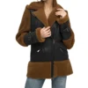 Carla Brown Shearling Aviator Black Leather Coat Jacket