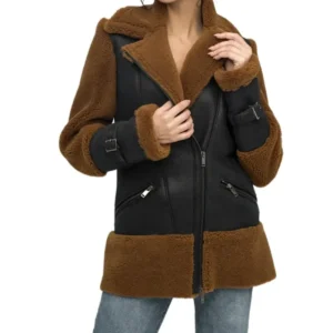 Carla Brown Shearling Aviator Black Leather Coat Jacket