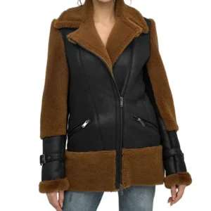 Carla Brown Shearling Aviator Black Leather Coat Jacket Front