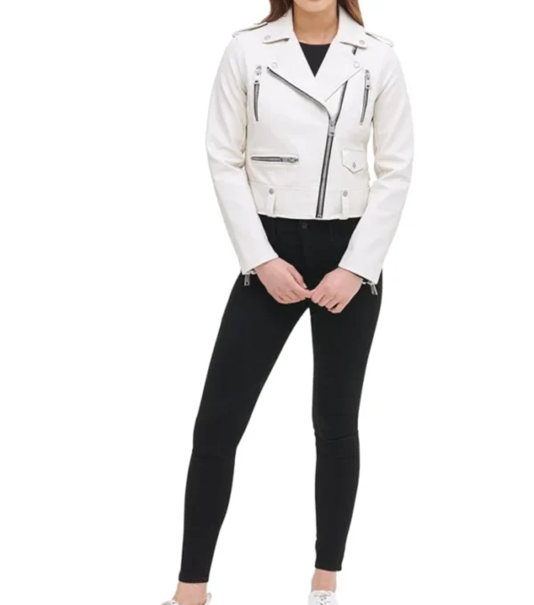 Carly Modern White Leather Biker Jacket Front View