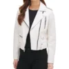 Carly Modern White Leather Biker Jacket Open Front