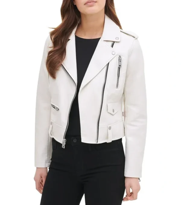 Carly Modern White Leather Biker Jacket Open Front