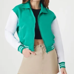 Carmine Elegant Cropped Sea Green Varsity Jacket