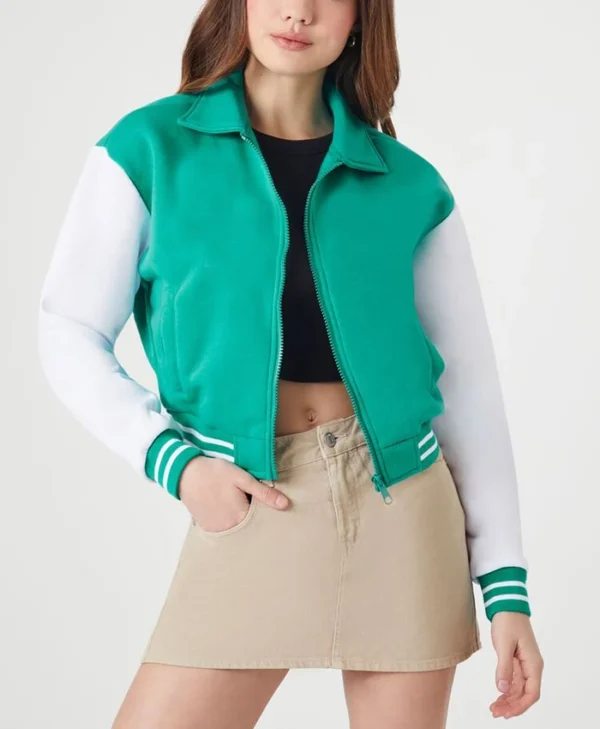 Carmine Elegant Cropped Sea Green Varsity Jacket