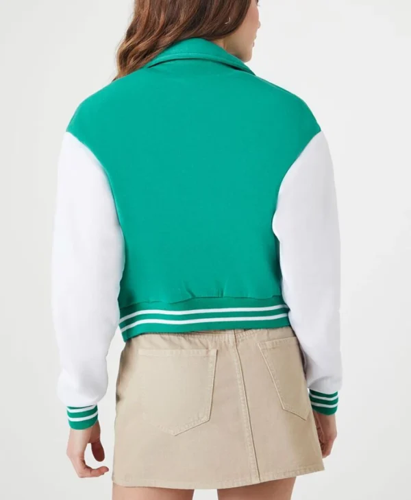 Carmine Elegant Cropped Sea Green Varsity Jacket Back