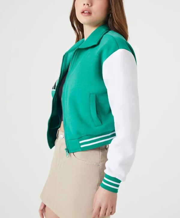 Carmine Elegant Cropped Sea Green Varsity Jacket Front