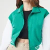 Carmine Elegant Cropped Sea Green Varsity Jacket Front View