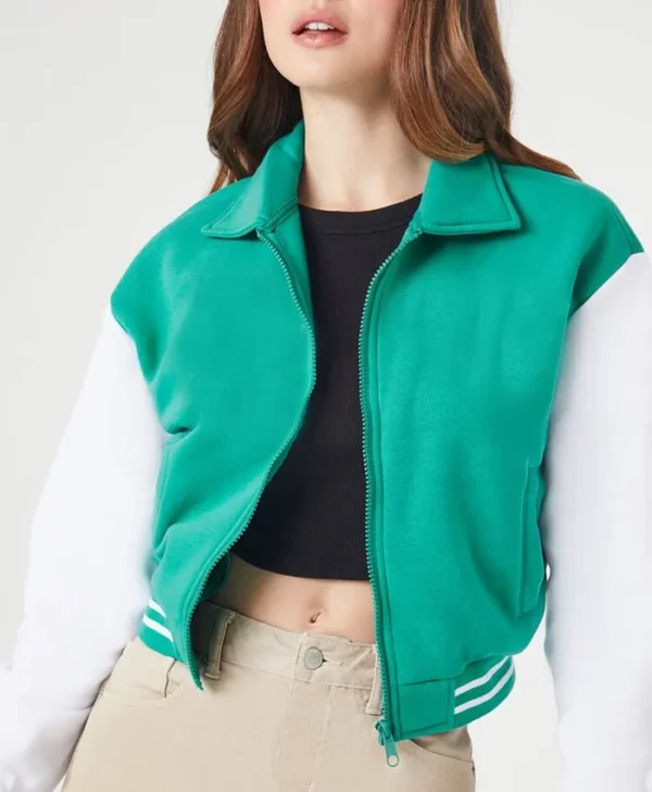 Carmine Elegant Cropped Sea Green Varsity Jacket Front View