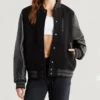Carrie Wool with Leather Sleeves Iconic Varsity Bomber Black Jacket