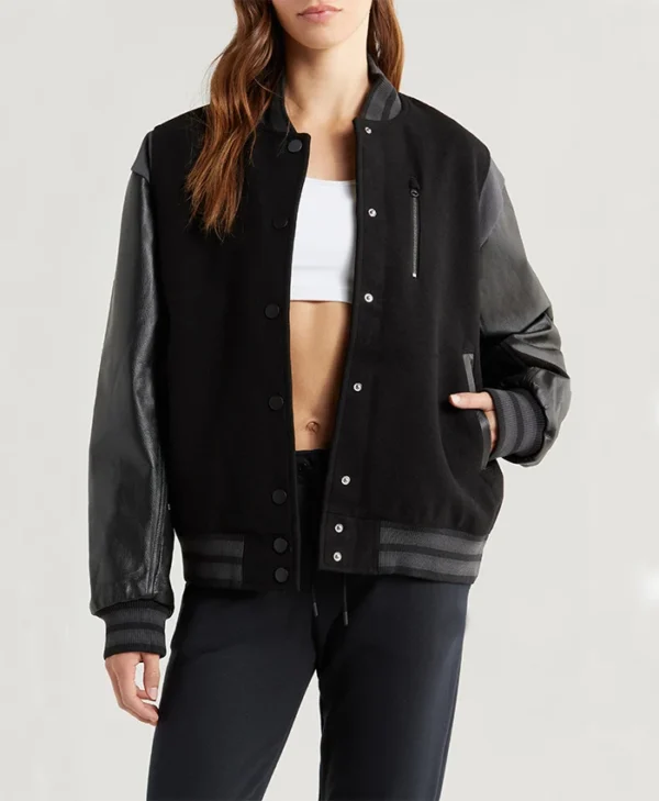 Carrie Wool with Leather Sleeves Iconic Varsity Bomber Black Jacket