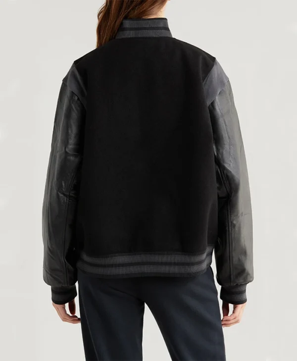 Carrie Wool with Leather Sleeves Iconic Varsity Bomber Black Jacket Back