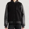 Carrie Wool with Leather Sleeves Iconic Varsity Bomber Black Jacket Front
