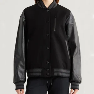 Carrie Wool with Leather Sleeves Iconic Varsity Bomber Black Jacket Front