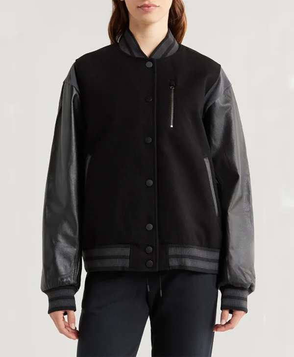 Carrie Wool with Leather Sleeves Iconic Varsity Bomber Black Jacket Front