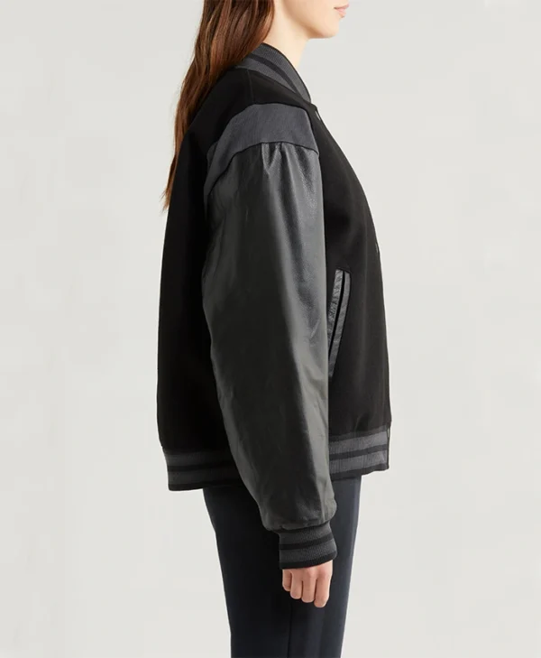 Carrie Wool with Leather Sleeves Iconic Varsity Bomber Black Jacket Side View