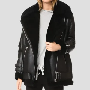 Cassidi Biker Style Real Shearling Black Leather Jacket