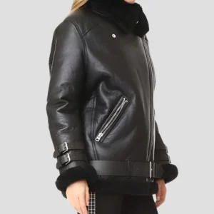 Cassidi Biker Style Real Shearling Black Leather Jacket Side View