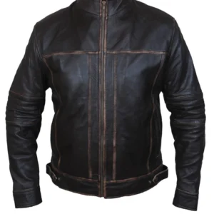 Catherine Mens Distressed Real Cow Leather Motorcycle Jacket in Black