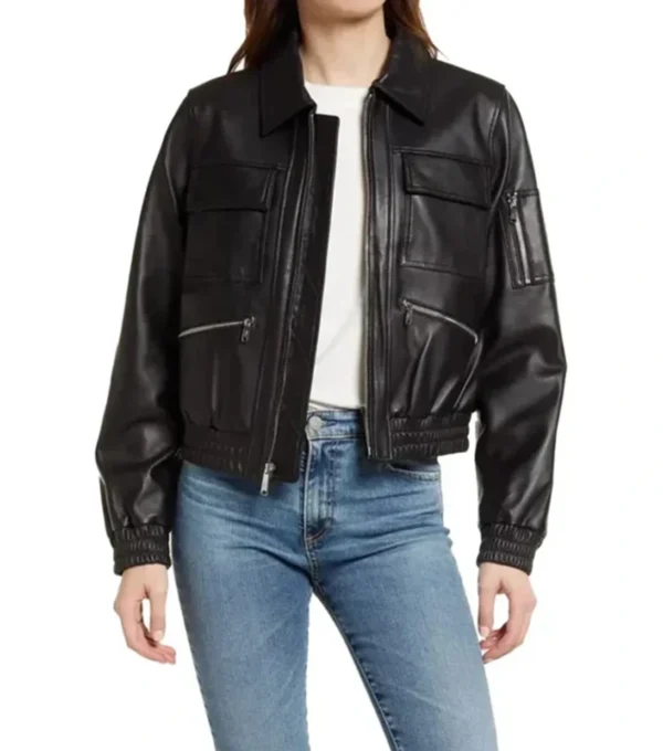 Chassidy Avaitor Bomber Black Leather Jacket Open Front